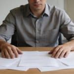 Un employé assis à un bureau avec des papiers.