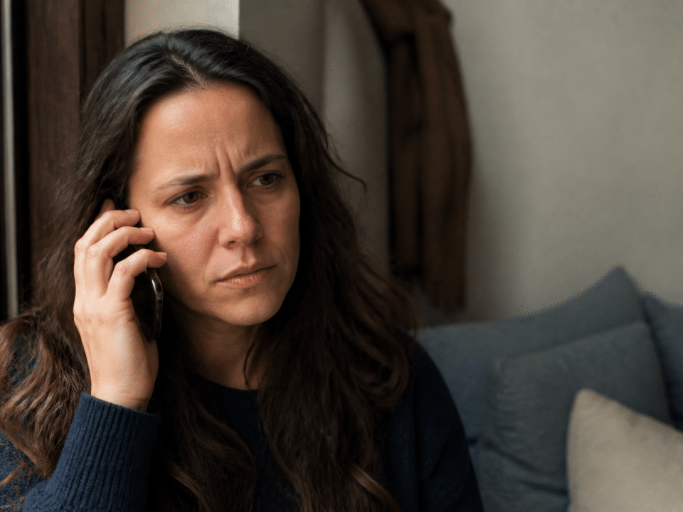 Personne tenant telephone a l'oreille, expression dubitative visible