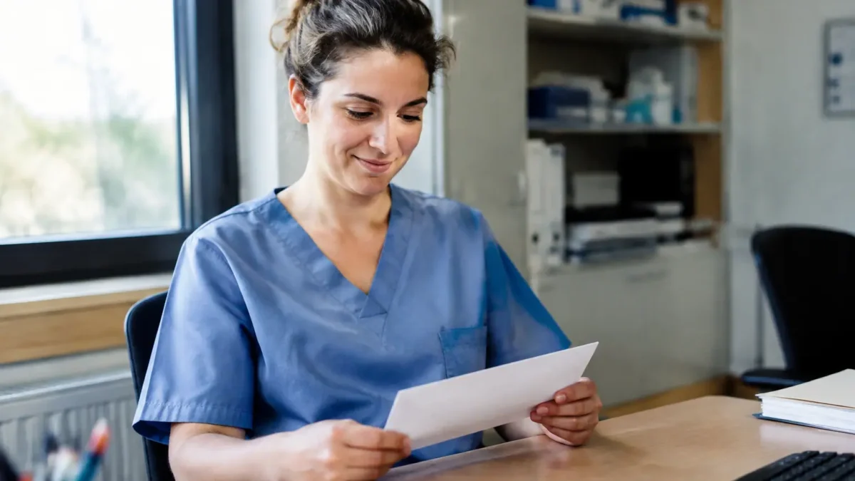 Agent hospitalier assis tenant une enveloppe sur un bureau