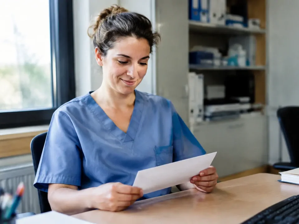 Agent hospitalier assis tenant une enveloppe sur un bureau