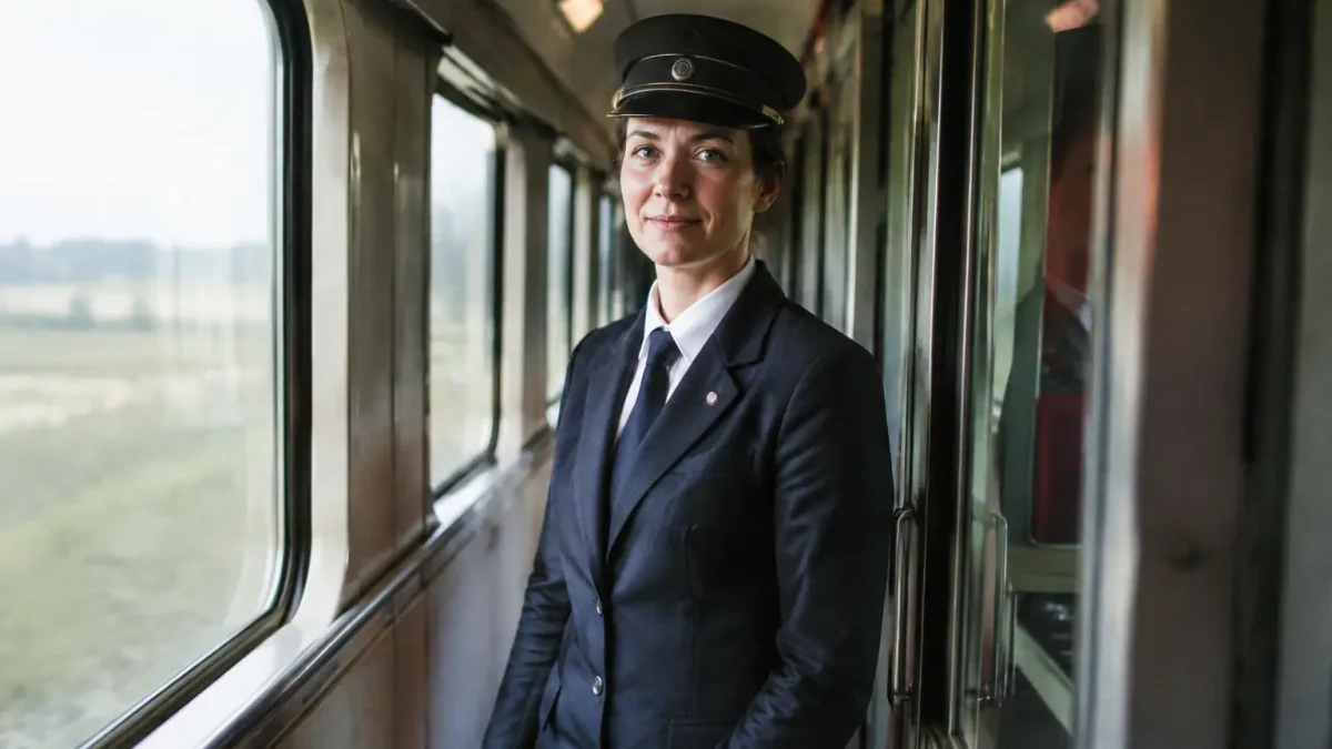Agent en uniforme debout dans un couloir de train
