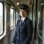 Agent en uniforme debout dans un couloir de train
