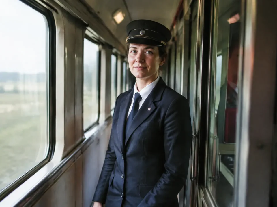 Agent en uniforme debout dans un couloir de train