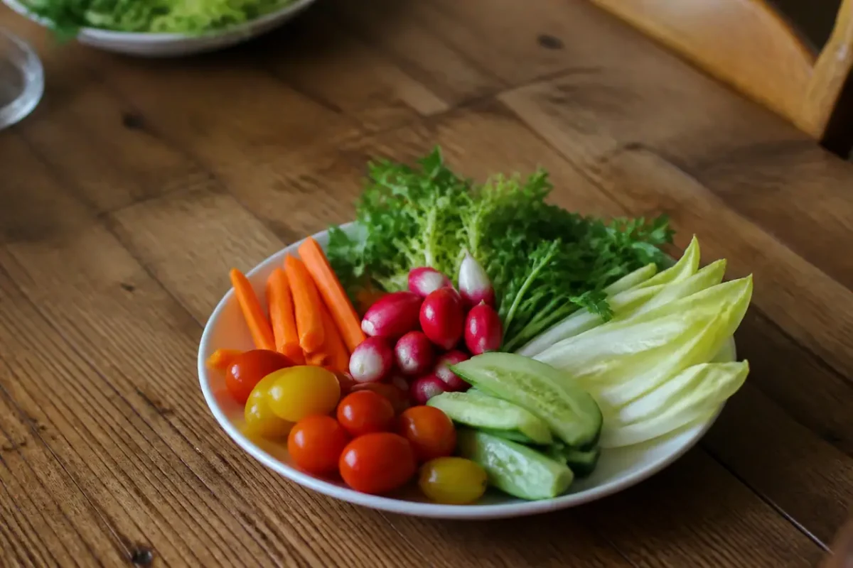Assiette de legumes frais sur table en bois