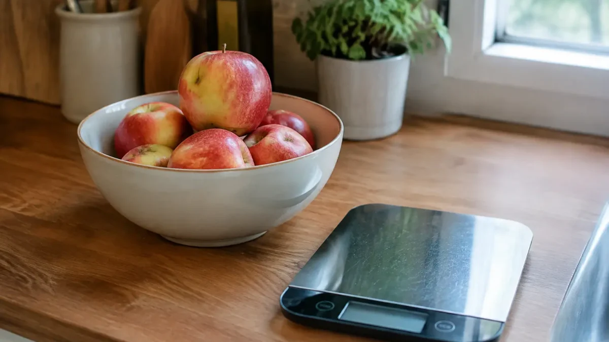 Balance de cuisine et bol de pommes sur comptoir