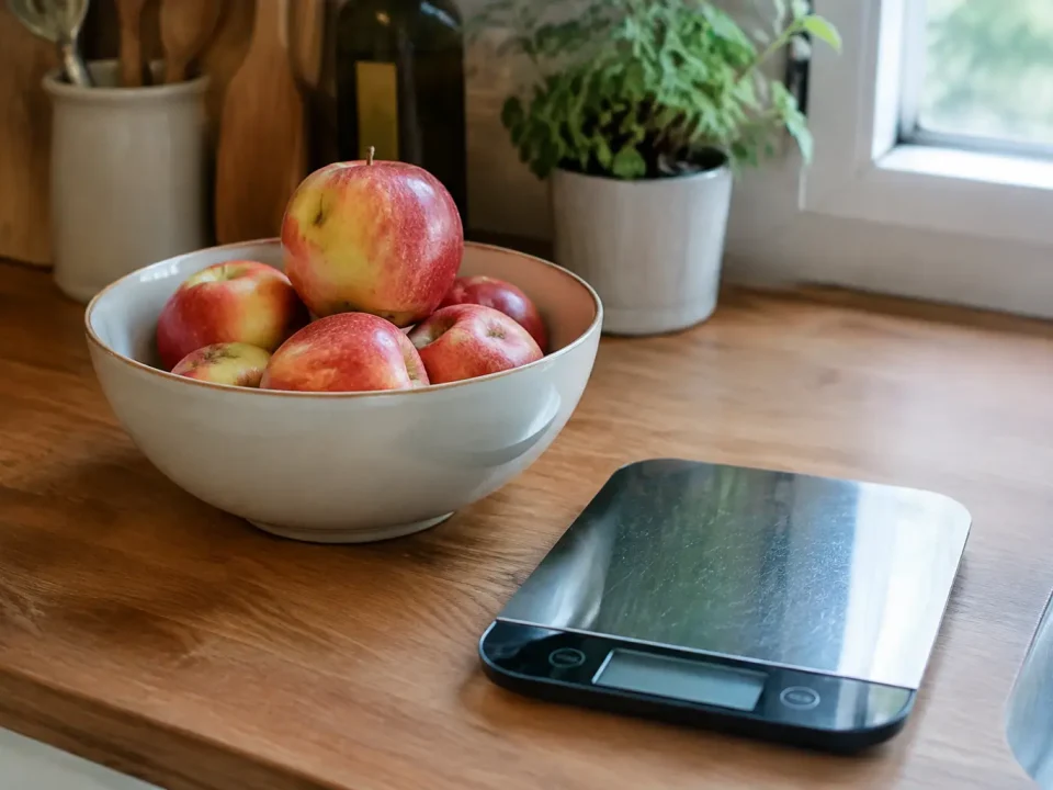 Balance de cuisine et bol de pommes sur comptoir
