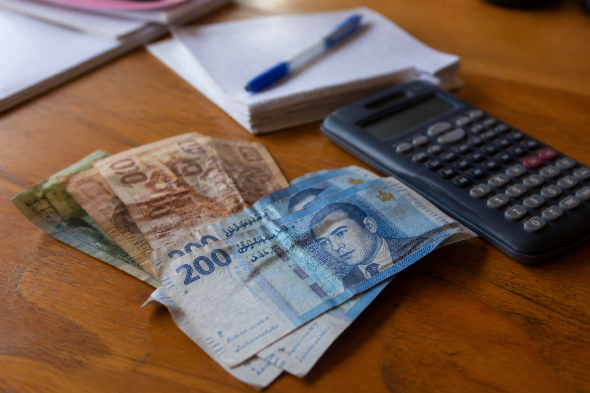 Billets de dirhams et calculatrice sur un bureau