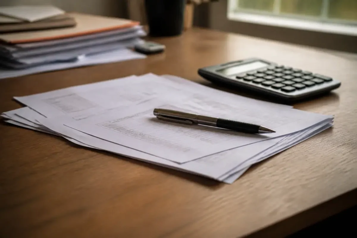 Calculatrice, stylo et bulletins de paie sur un bureau