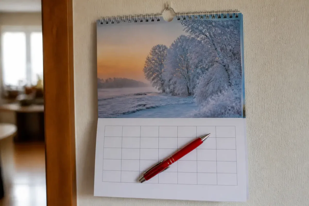 Calendrier mural ouvert sur janvier avec stylo rouge