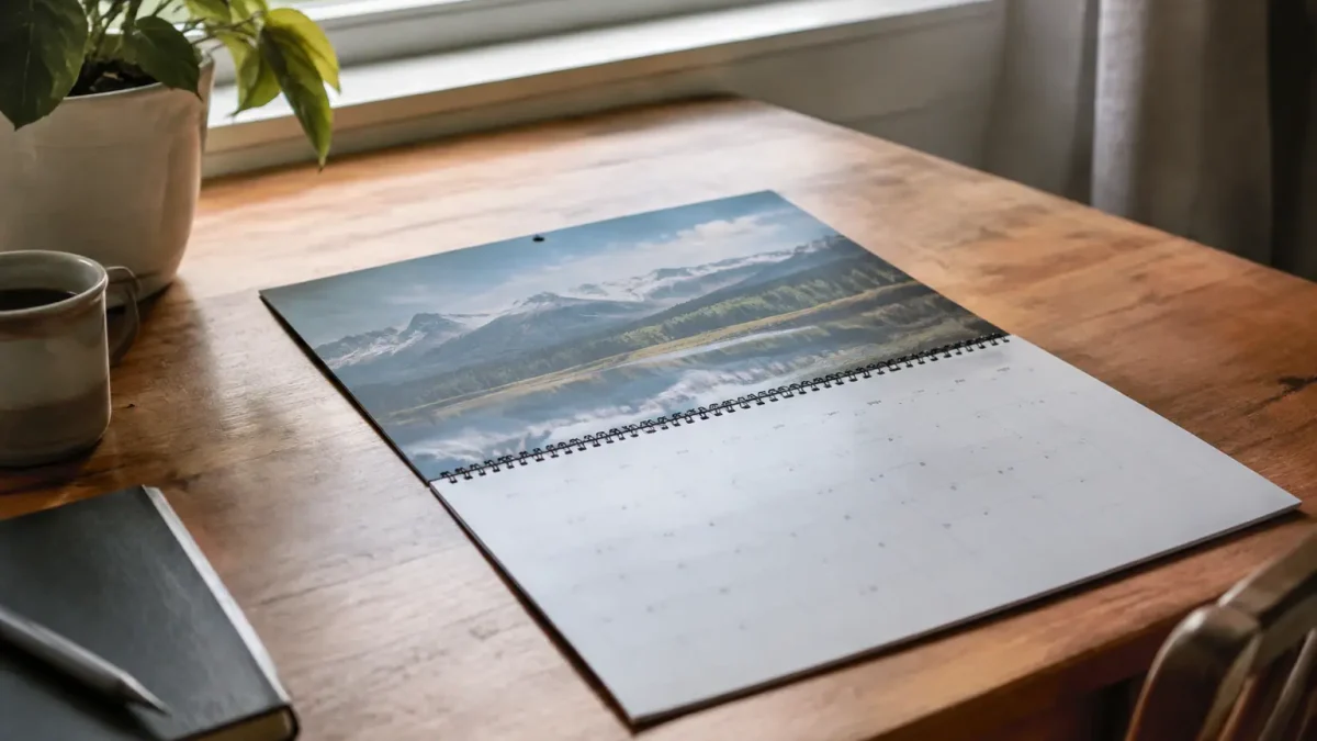 Calendrier mural ouvert posé sur un bureau en bois