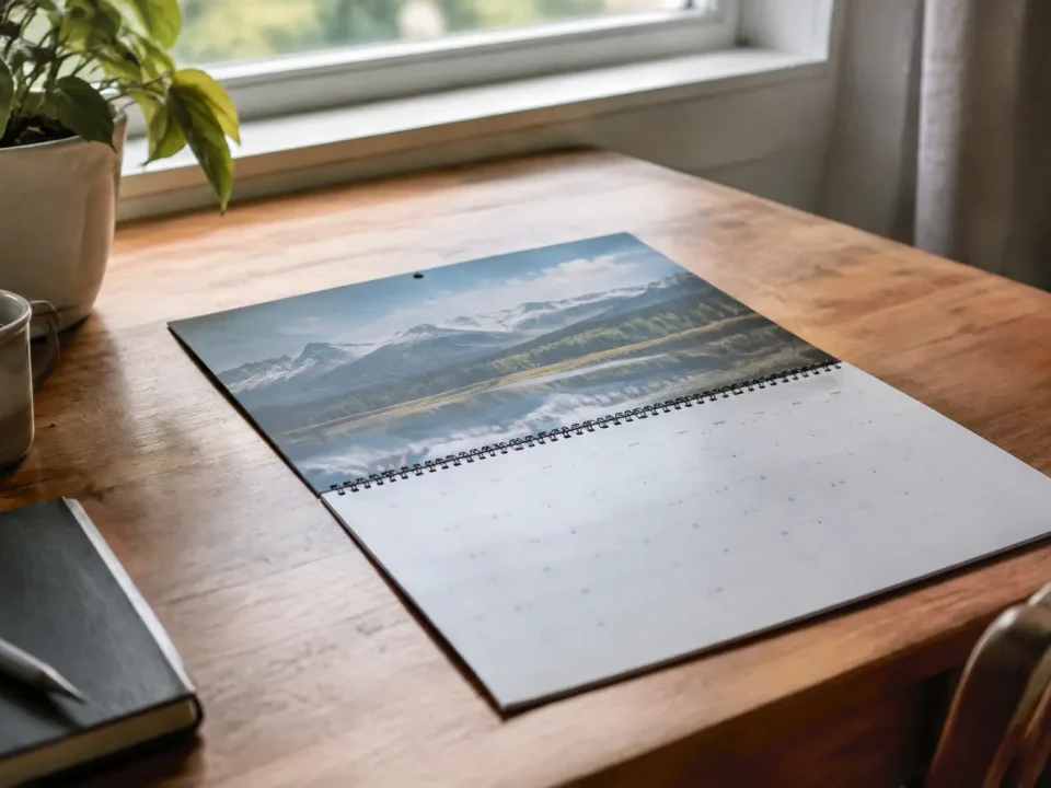 Calendrier mural ouvert posé sur un bureau en bois
