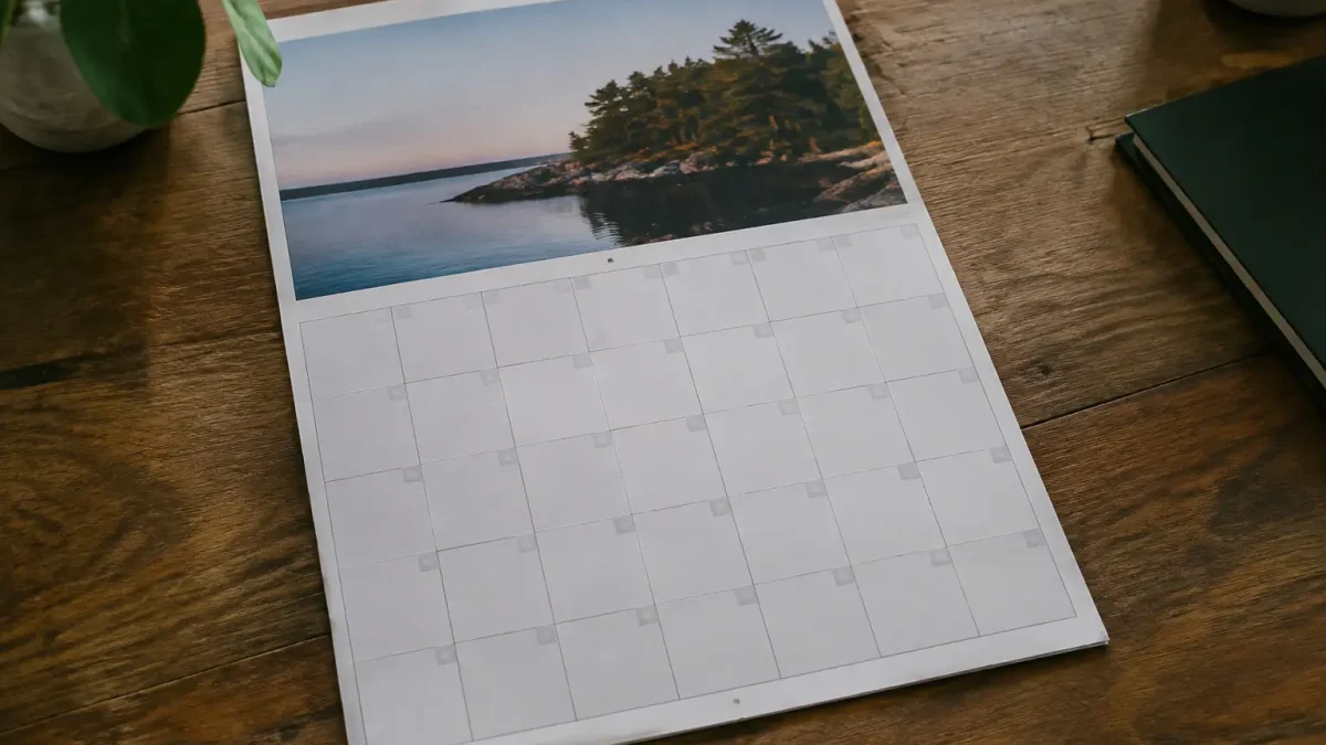 Calendrier mural posé à plat montrant cinquante deux cases