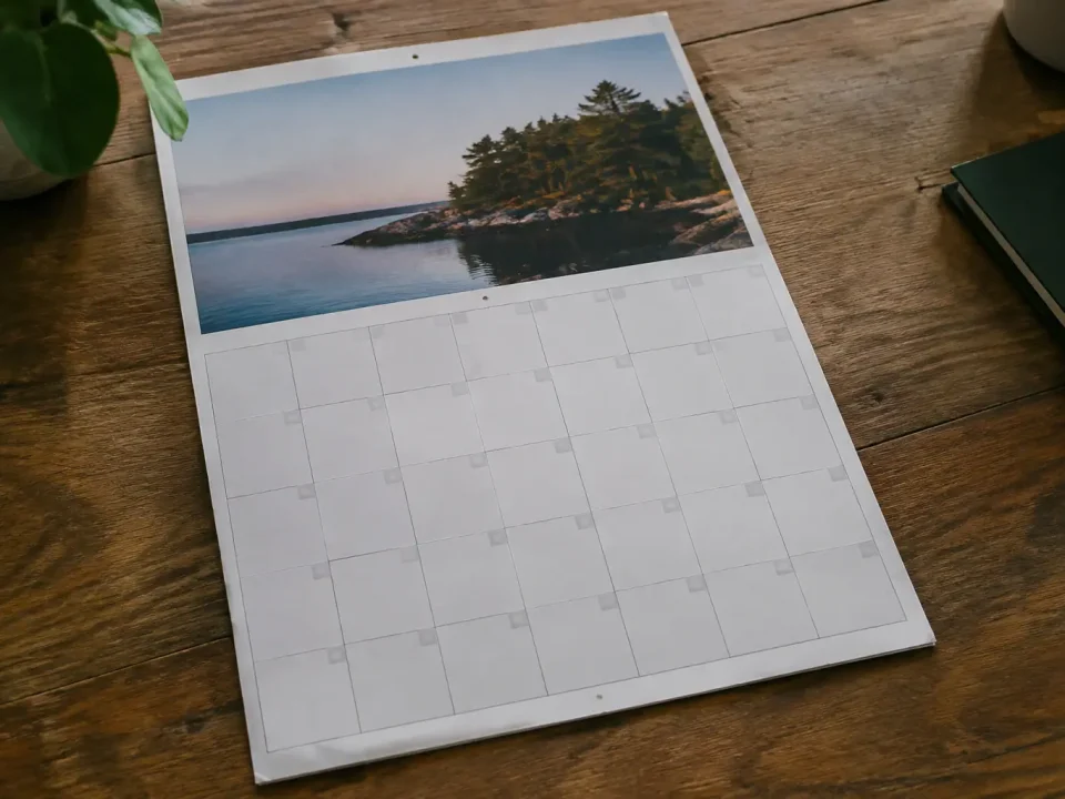 Calendrier mural posé à plat montrant cinquante deux cases