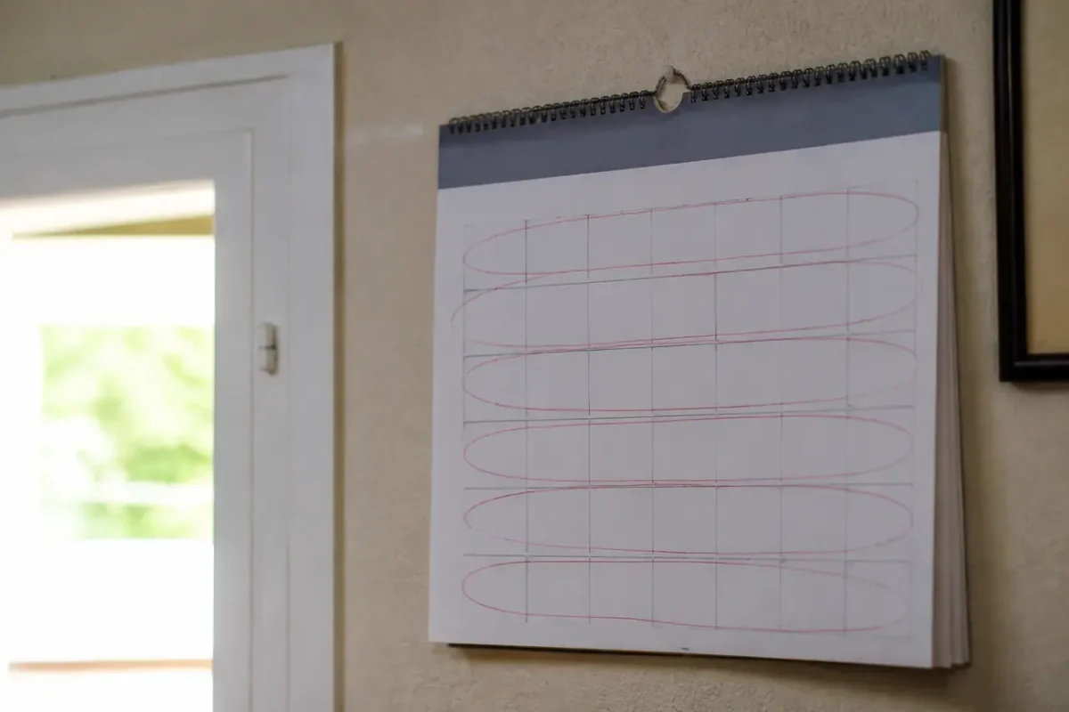 Calendrier mural avec semaines entourées au stylo rouge