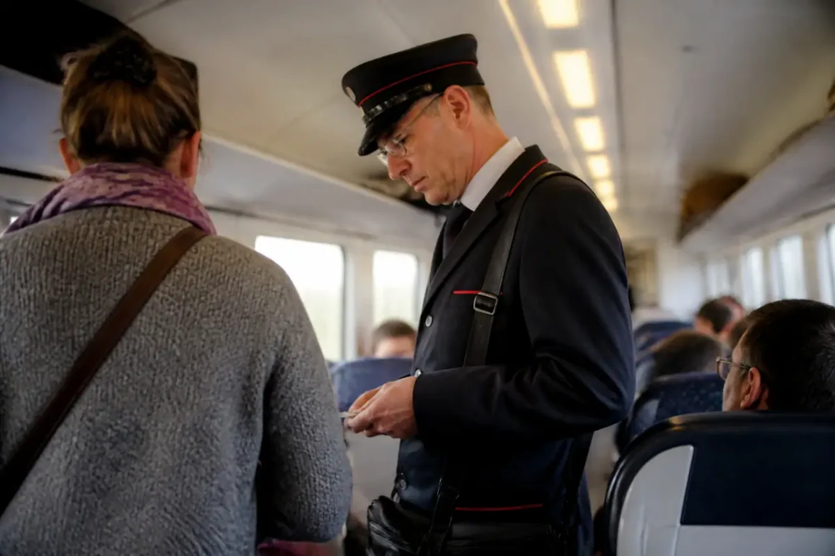 Controleur de train verifiant un billet devant des voyageurs