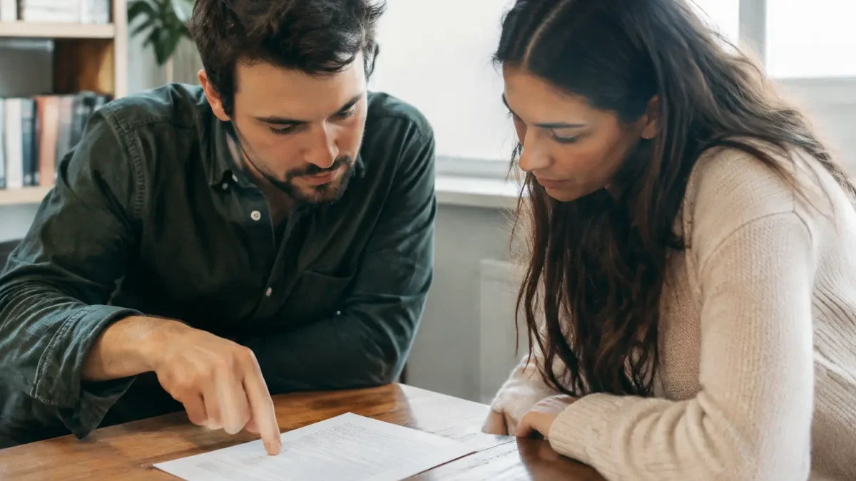 Deux personnes examinent un document imprime sur une table