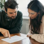 Deux personnes examinent un document imprime sur une table