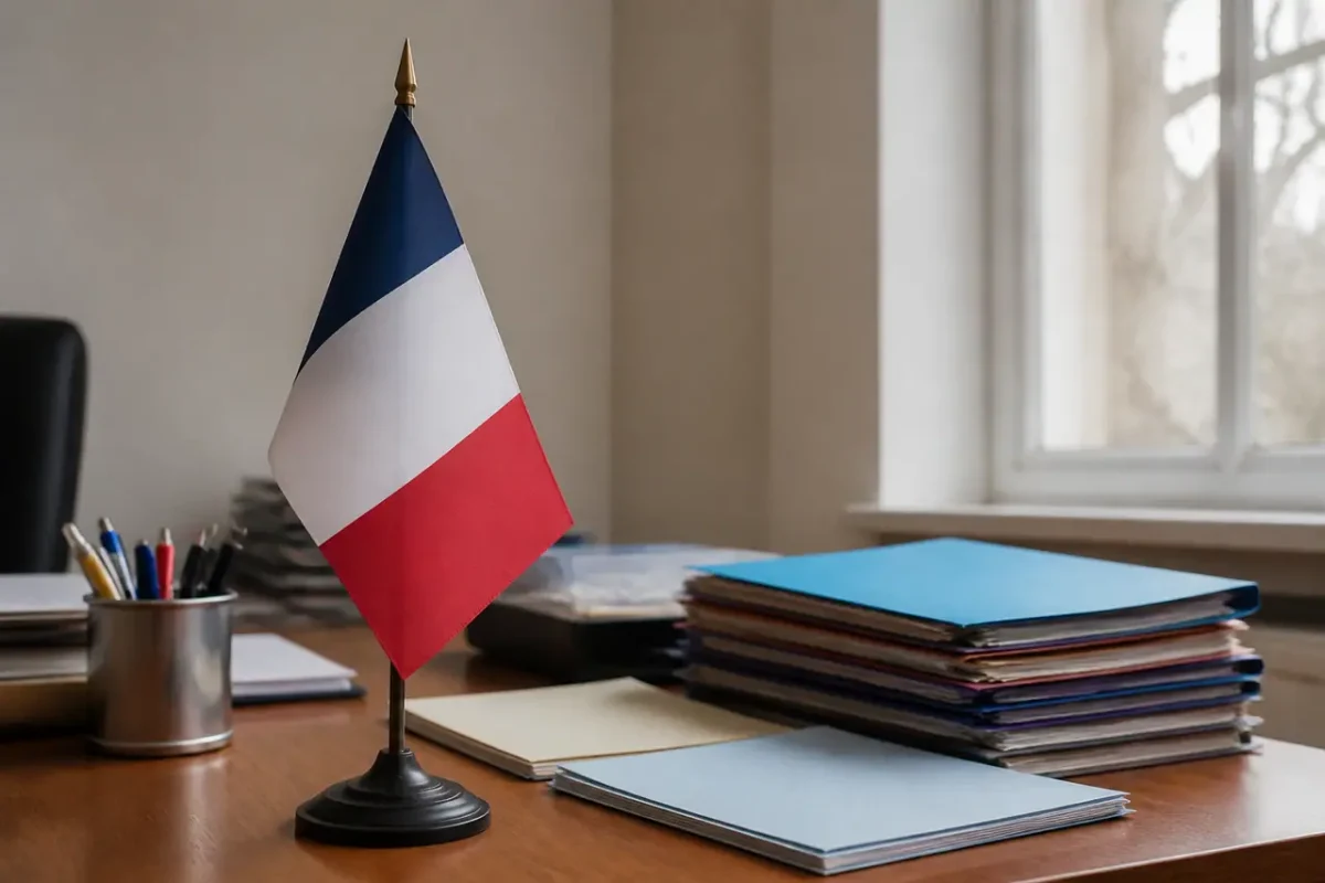 Drapeau tricolore et dossiers sur un bureau