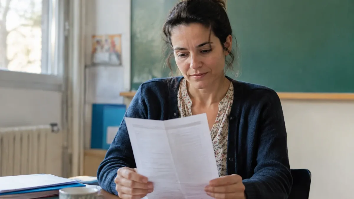 Enseignant assis tenant une fiche de paie