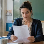 Enseignant assis tenant une fiche de paie