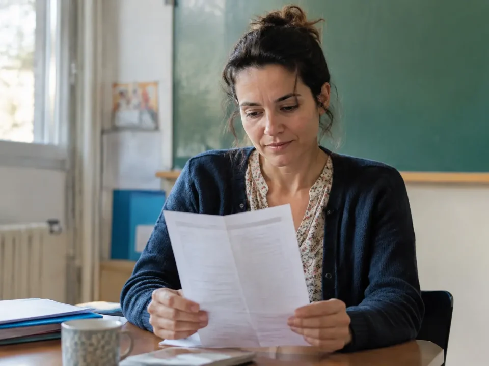 Enseignant assis tenant une fiche de paie