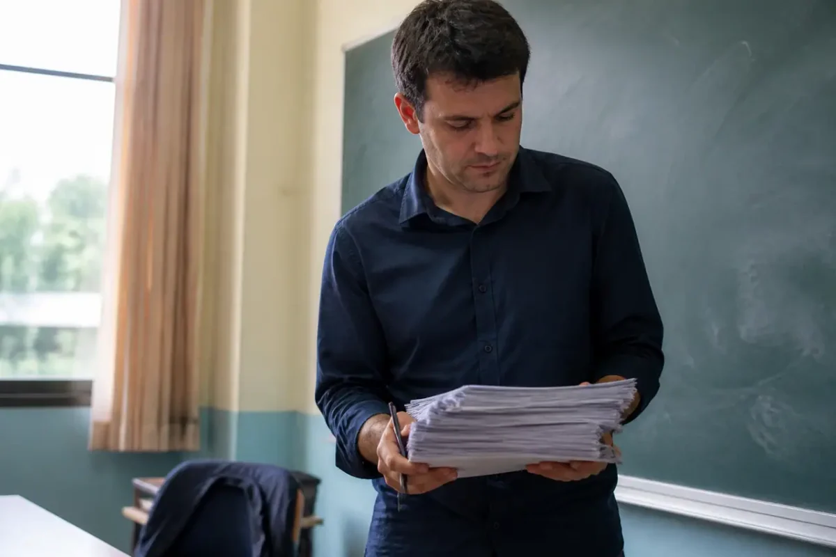 Enseignant tenant une pile de copies devant un tableau