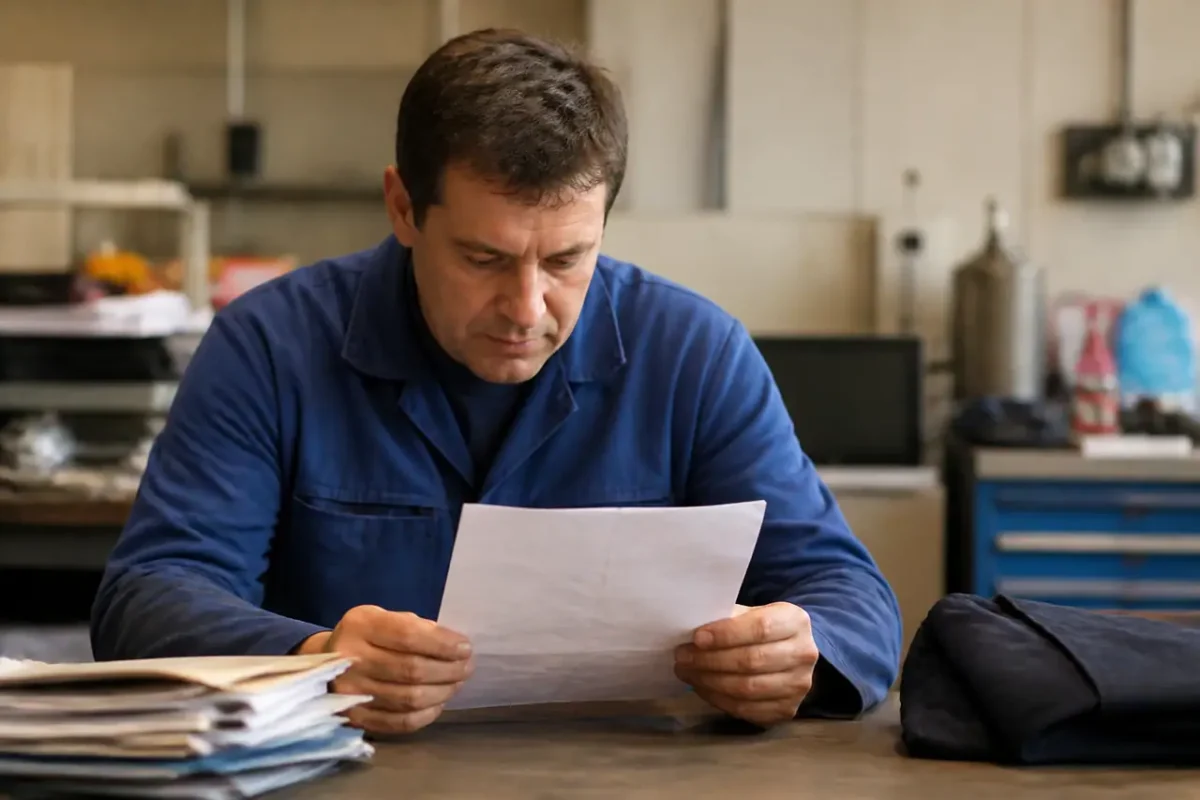 Formateur en blouse bleue lisant une fiche de paie