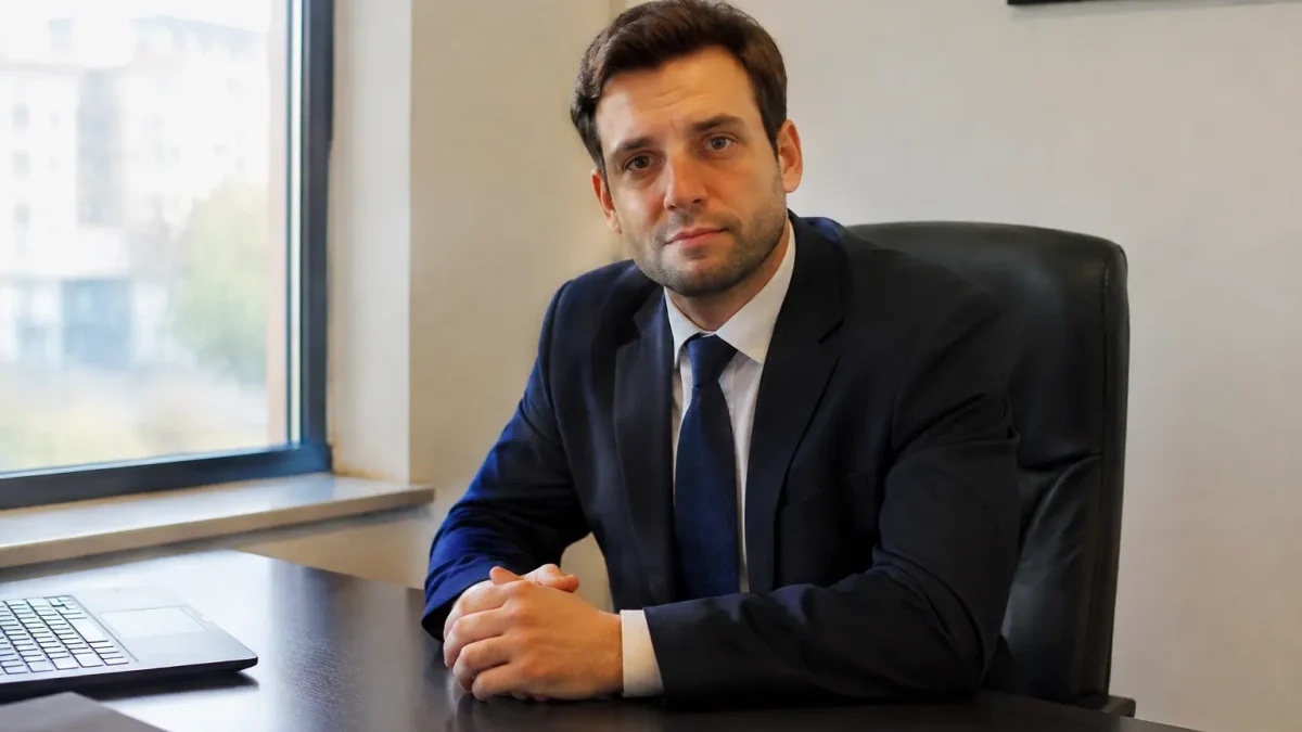 Homme en costume assis derriere un bureau sombre