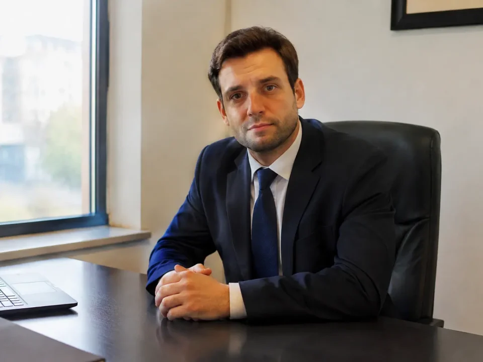 Homme en costume assis derriere un bureau sombre