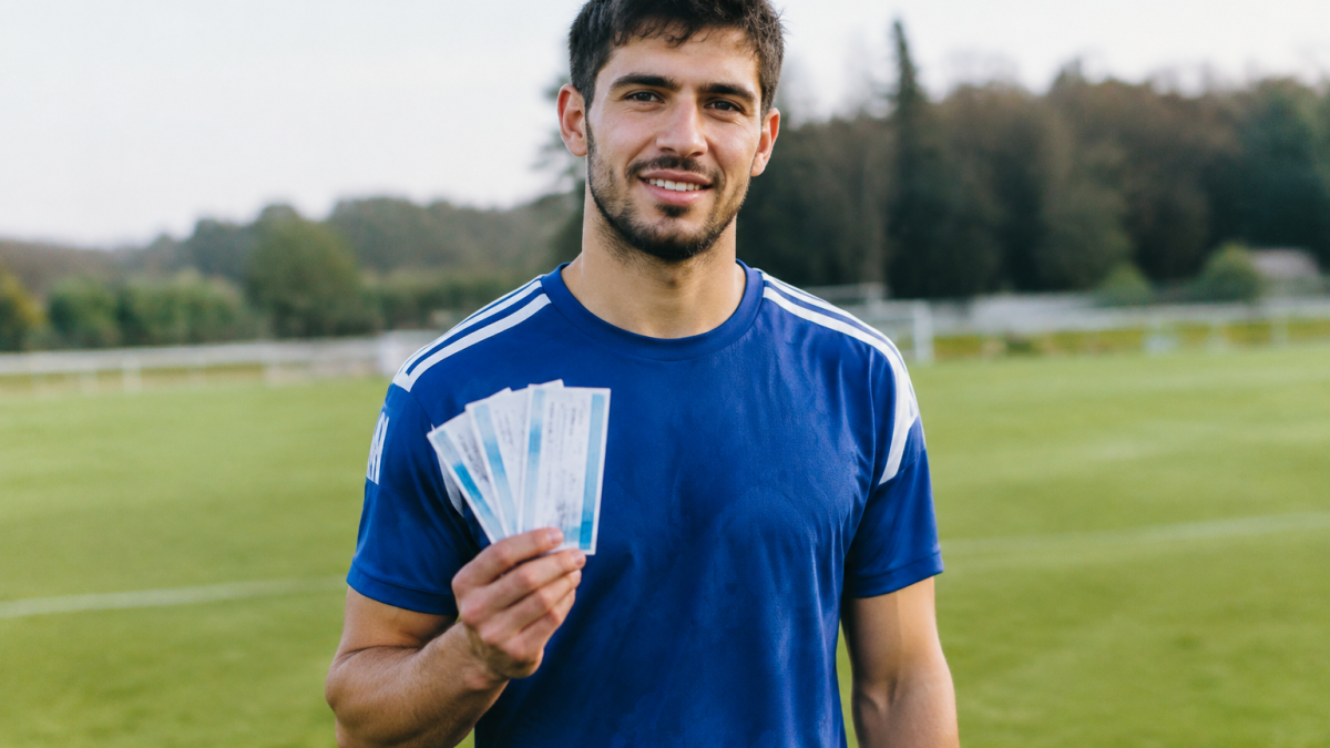 Joueur de football debout sur pelouse tenant des billets