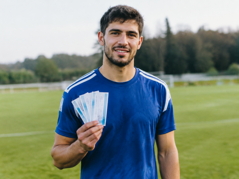 Joueur de football debout sur pelouse tenant des billets