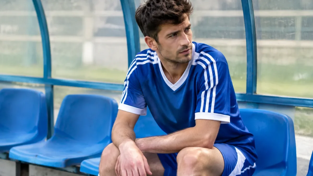 Joueur en maillot assis sur un banc de stade