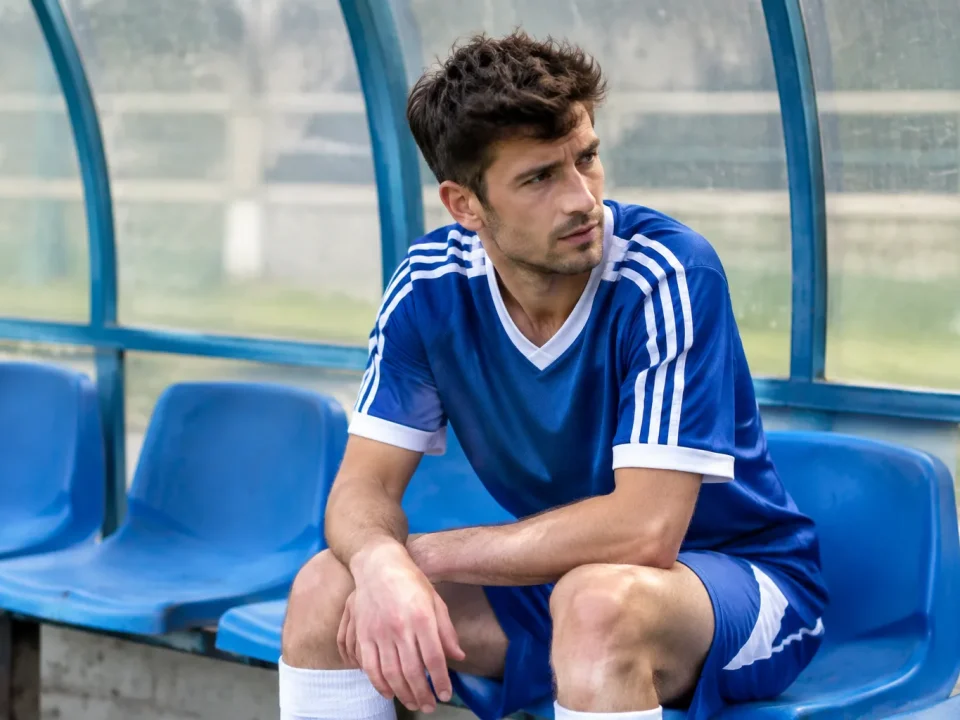 Joueur en maillot assis sur un banc de stade