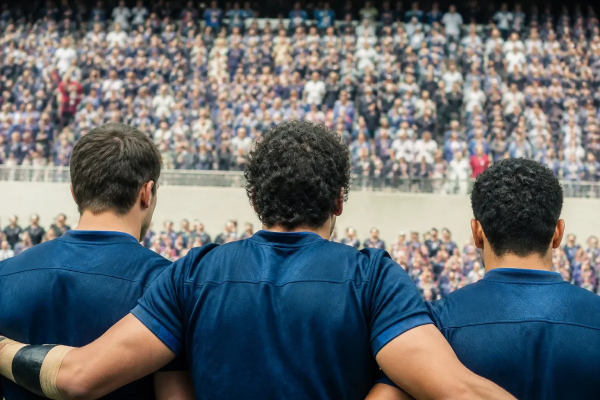Joueurs en maillots bleus devant une tribune pleine