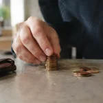 Main posant une pile de pieces sur un comptoir