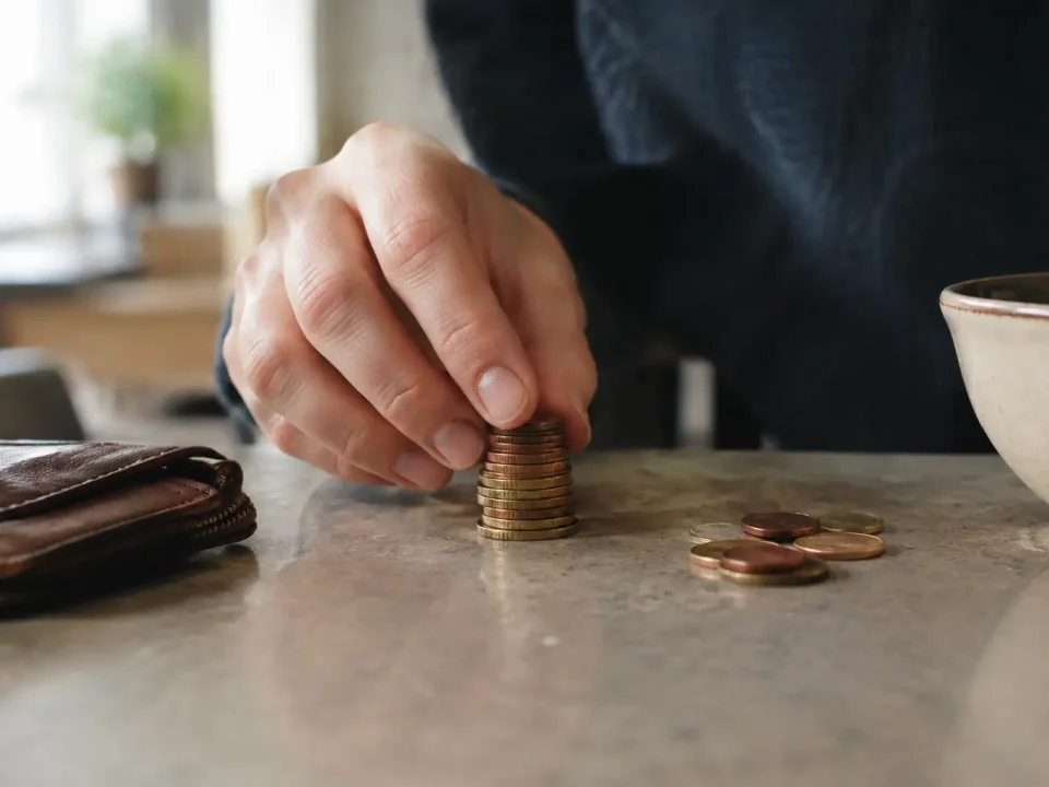 Main posant une pile de pieces sur un comptoir