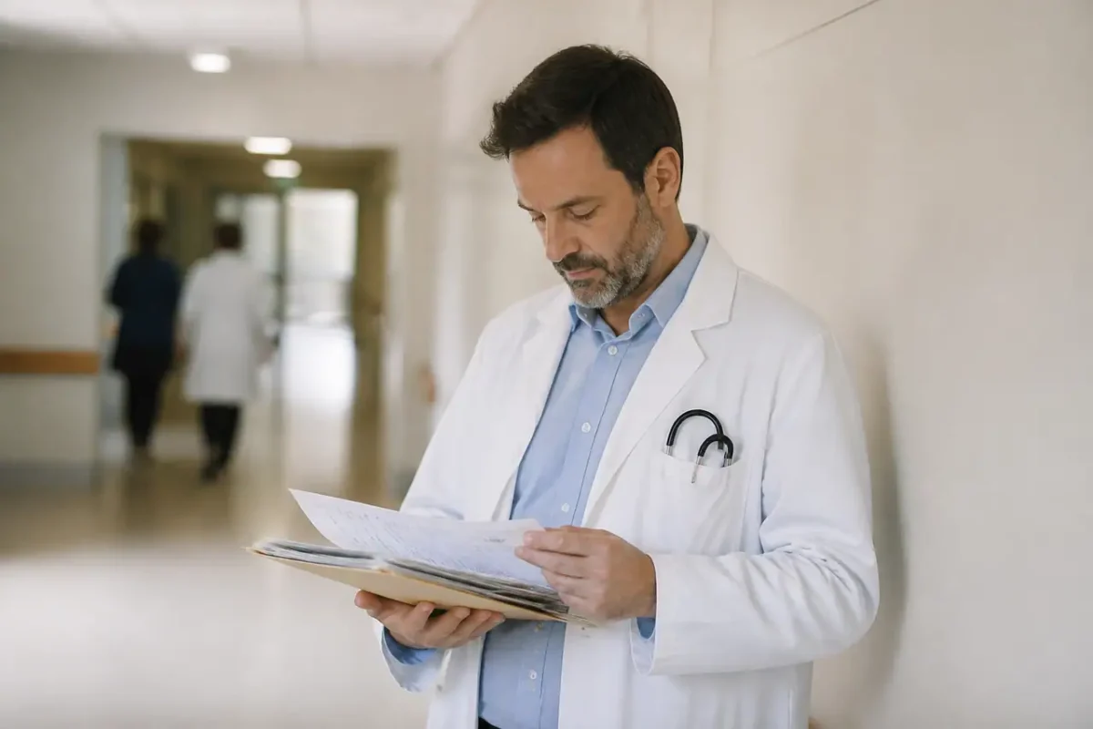 Medecin tenant un dossier patient papier dans un couloir