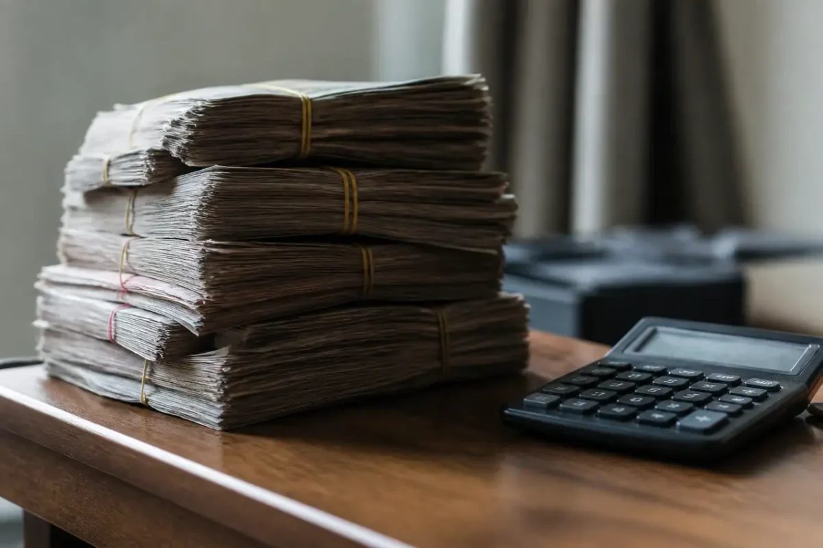 Pile de billets et calculatrice sur un bureau