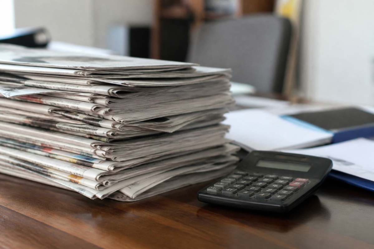 Pile de journaux et calculatrice sur un bureau
