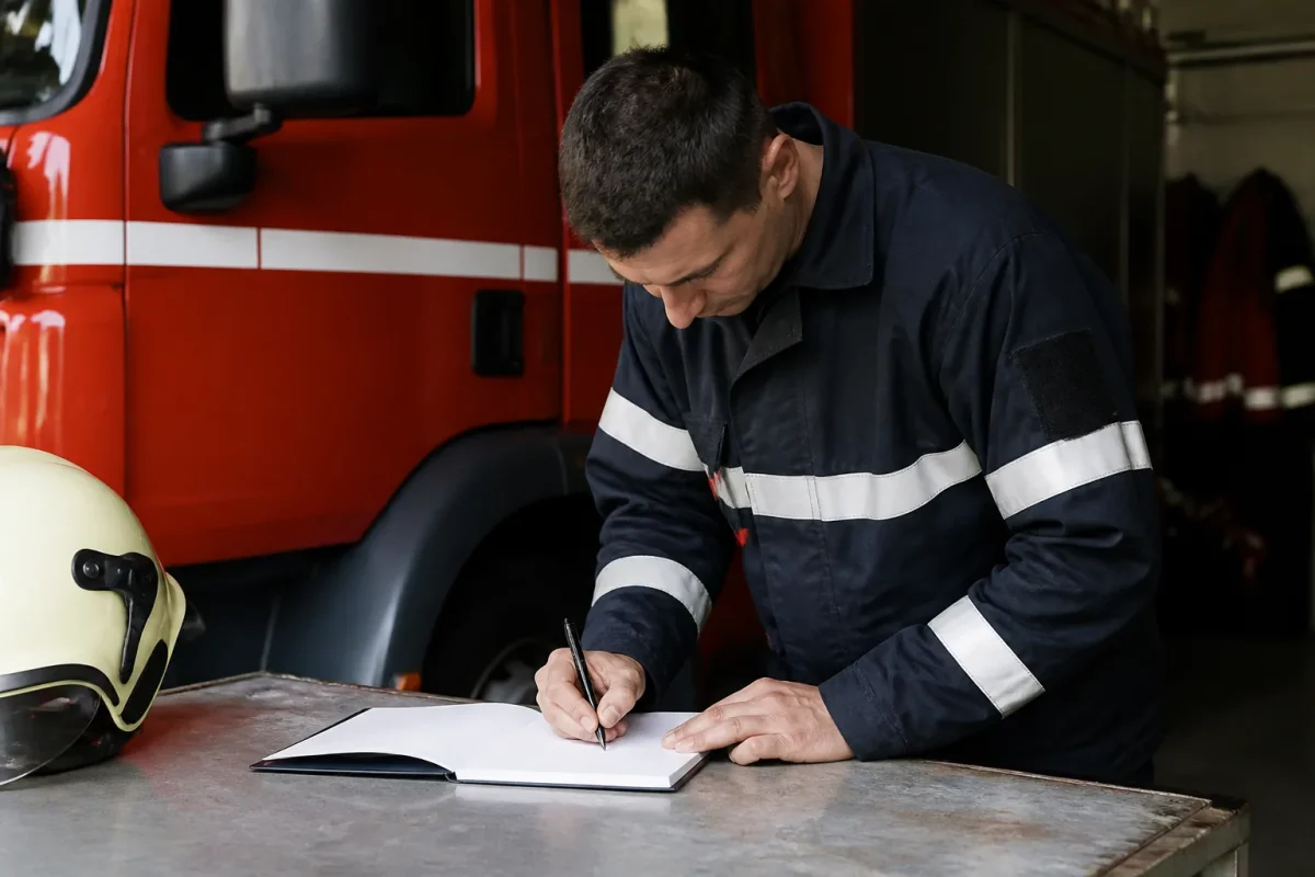 Pompier volontaire signant un registre devant un camion rouge