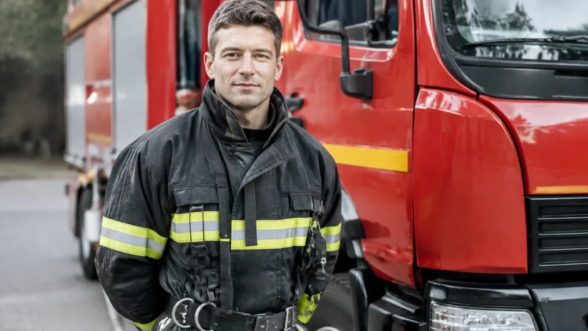 Pompier volontaire en tenue debout devant un camion rouge