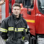 Pompier volontaire en tenue debout devant un camion rouge