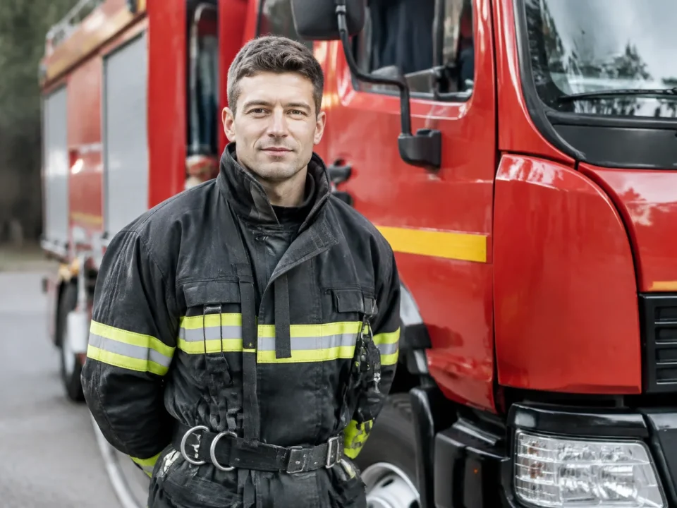 Pompier volontaire en tenue debout devant un camion rouge