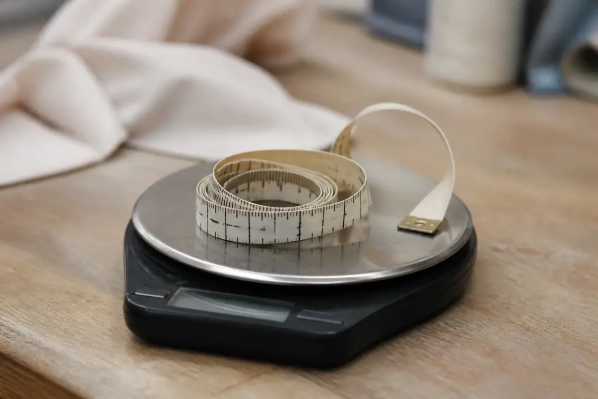 Ruban de mesure pose sur une balance numerique