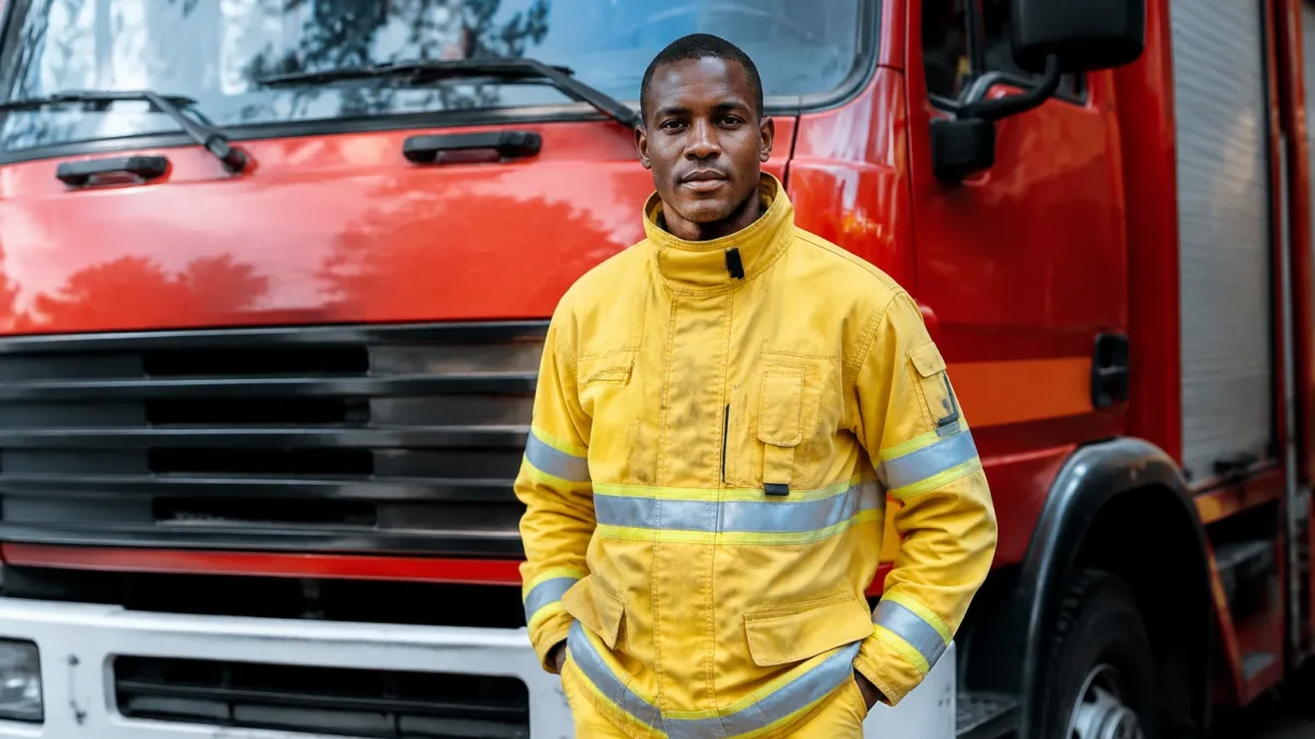 Sapeur en tenue jaune debout devant un camion rouge