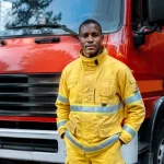 Sapeur en tenue jaune debout devant un camion rouge