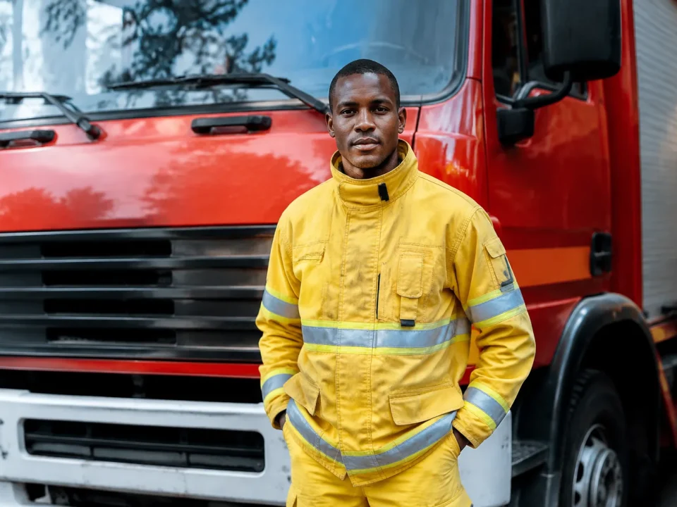 Sapeur en tenue jaune debout devant un camion rouge