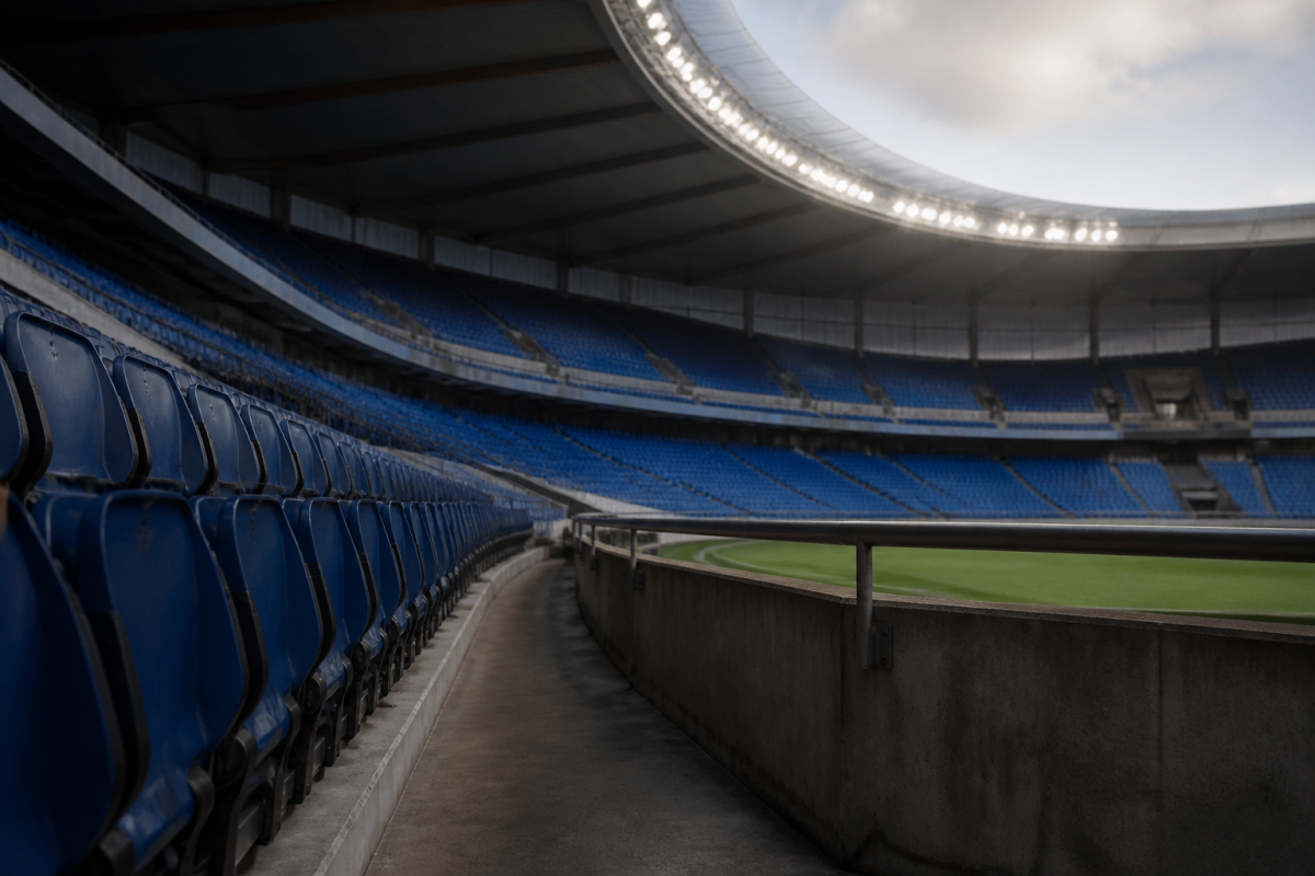 Stade parisien vide avec tribunes bleues et projecteurs allumes